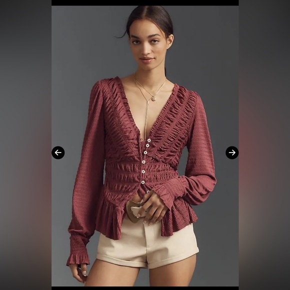Anthropologie Tops - Anthropologie Burgundy Long Sleeved V-neck Top Size L NWT